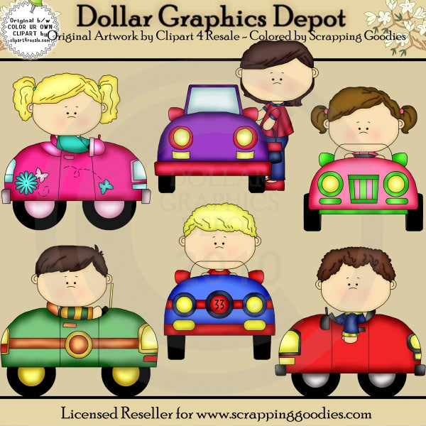 Kids with Cars - Clip Art