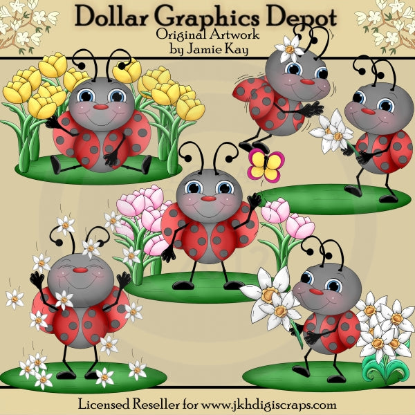 Ladybugs and Spring Flowers - Clip Art