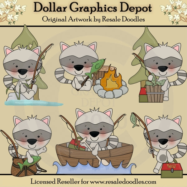 Little Fishing Raccoons - Clip Art