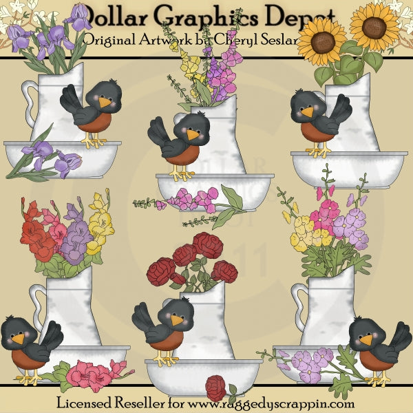Little Robins - Flower Basins - Clip Art