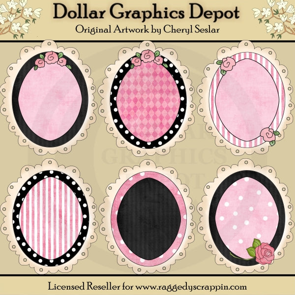 Oval Doodle Frames - Pink & Black - Clip Art