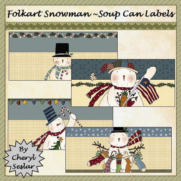 ~Folk-Art Snowmen~ Soup Can Label...(13)