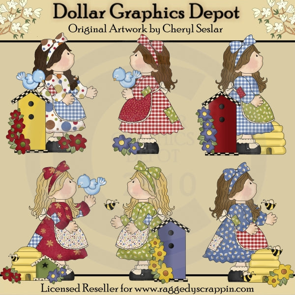 Patchwork Girls - Birds and Bees - Clip Art