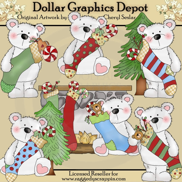 Peppermint Polar Bear's Stockings - Clip Art
