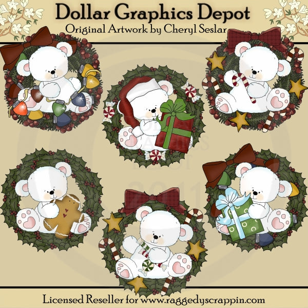 Polar Bears Christmas Wreaths - Clip Art