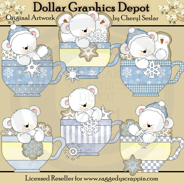Polar Bears Snowflake Teacups - Clip Art