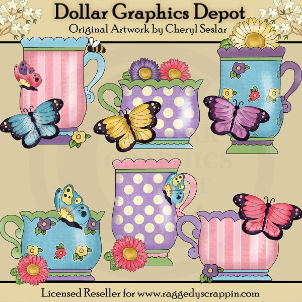 Pretty Butterfly Teacups - Clip Art