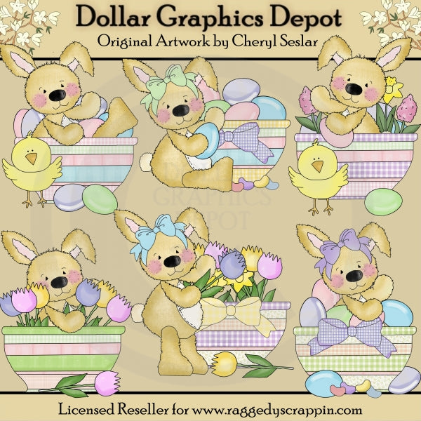 Raggedy Bunnies - Easter Bowls - Clip Art