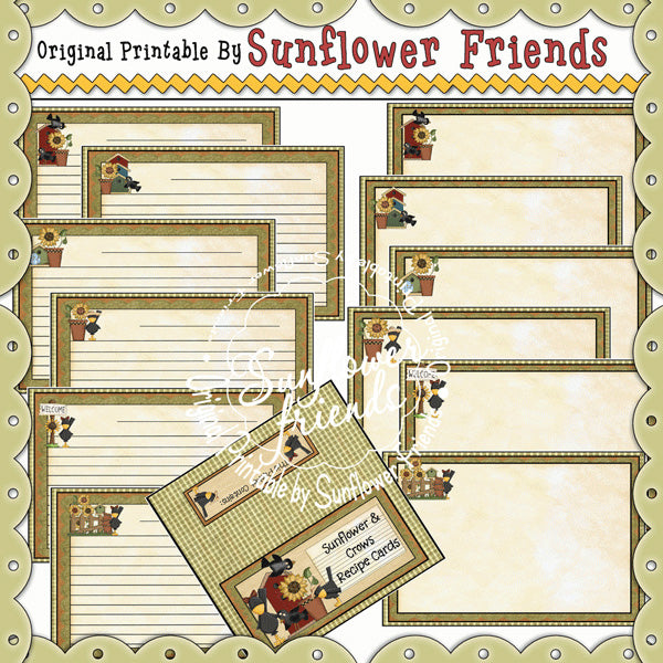 Sunflower & Crows  Recipe Card...Set of 12