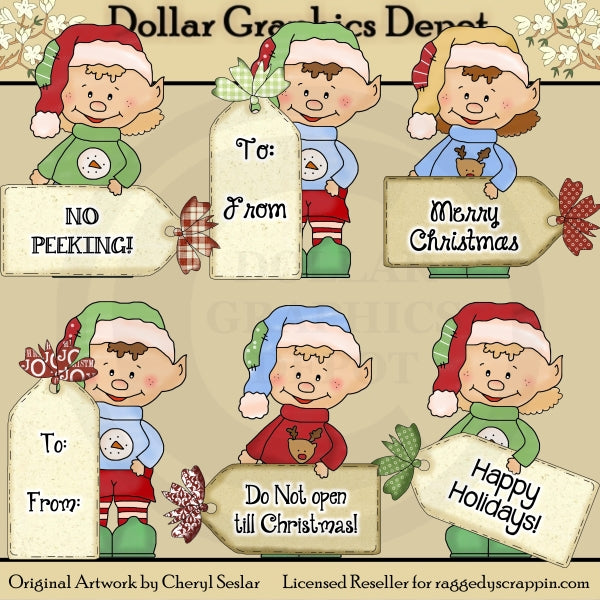 Santa's Elves Christmas Tags - Clip Art