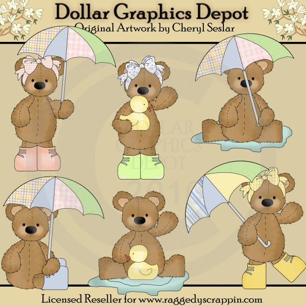 Stuffed Bears - Rainy Day - Clip Art