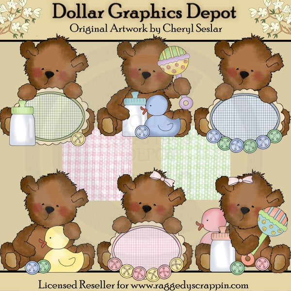 Tattered Teddies - Cute as a Button - Clip Art