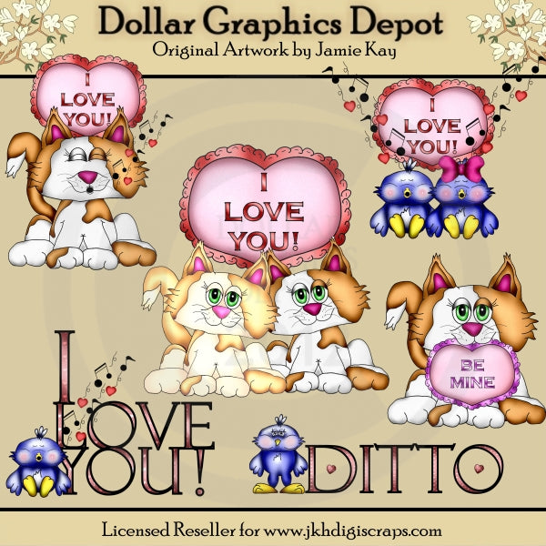 Valentine Cats and Birds - Clip Art