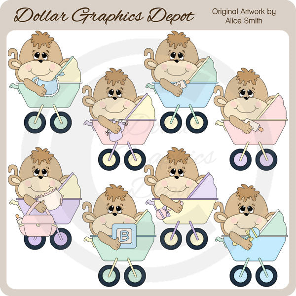 Baby Monkey Carriages - Clip Art