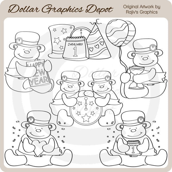 Baby New Year Bears - Digital Stamps