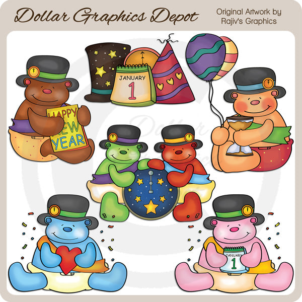 Baby New Year Bears - Clip Art