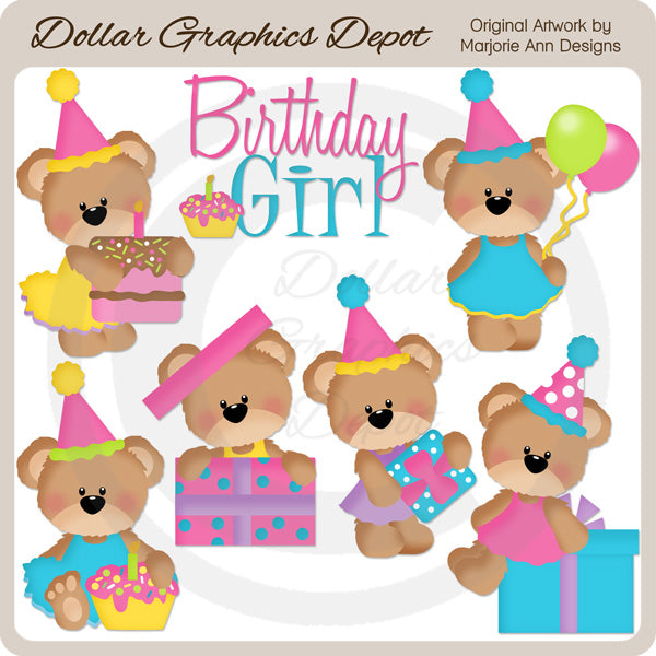 Birthday Bears - Girls - Clip Art