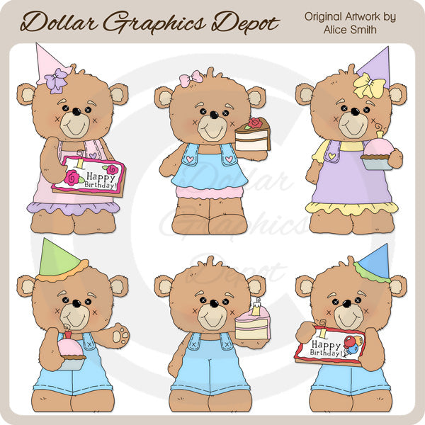 Birthday Cake Bears - Clip Art - DCS Exclusive