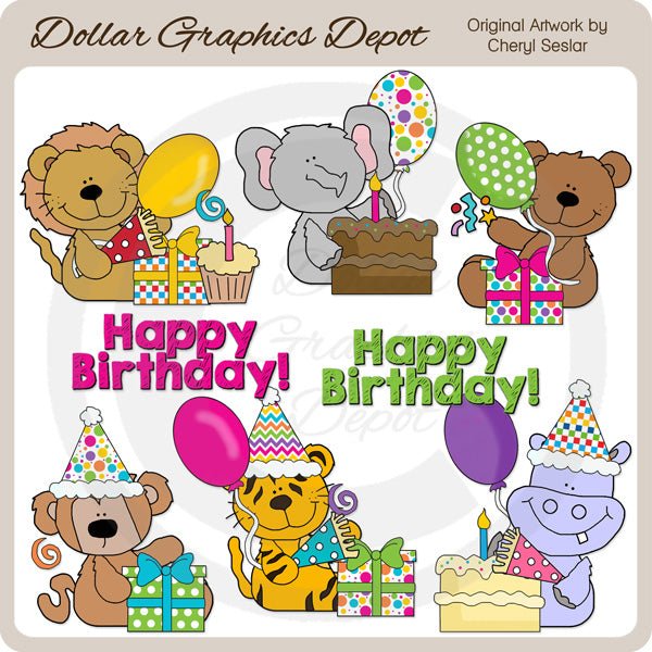 Cumpleaños Safari Animales - Clipart - Exclusivo de DCS