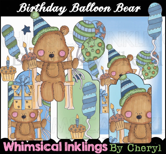 Birthday Balloon Bear...Hand Colored Graphics