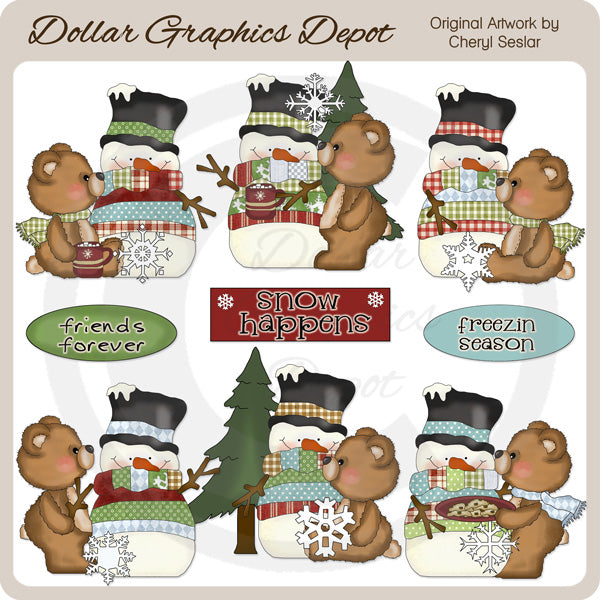 Country Snowmen and Fuzzy Cubs - Clip Art