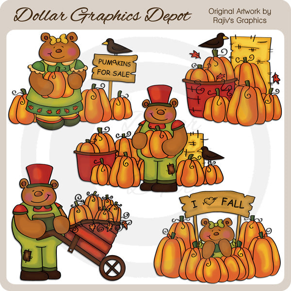 Fall Pumpkin Bears - Clip Art