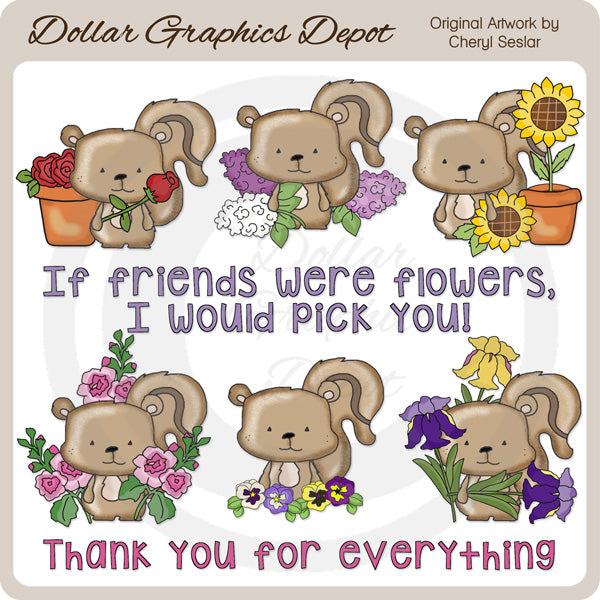 Flower Friends Chipmunks - Clip Art