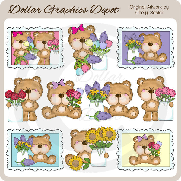 Fluffington Bear - May Flowers - Clip Art