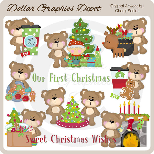 Ositos navideños esponjosos - Clipart - Exclusivo de DCS