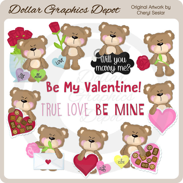 Fluffy Valentine Bears - Clip Art - DCS Exclusive