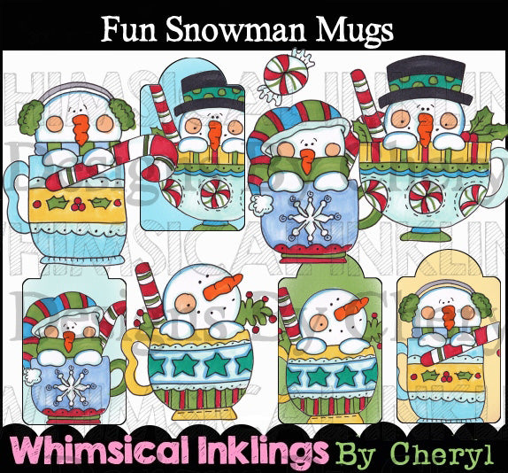 Fun Snowman Mugs...Hand Colored Graphics