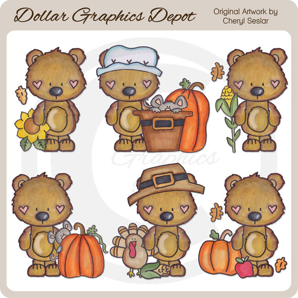 Little Brown Bears - Fall Blessings - Clip Art