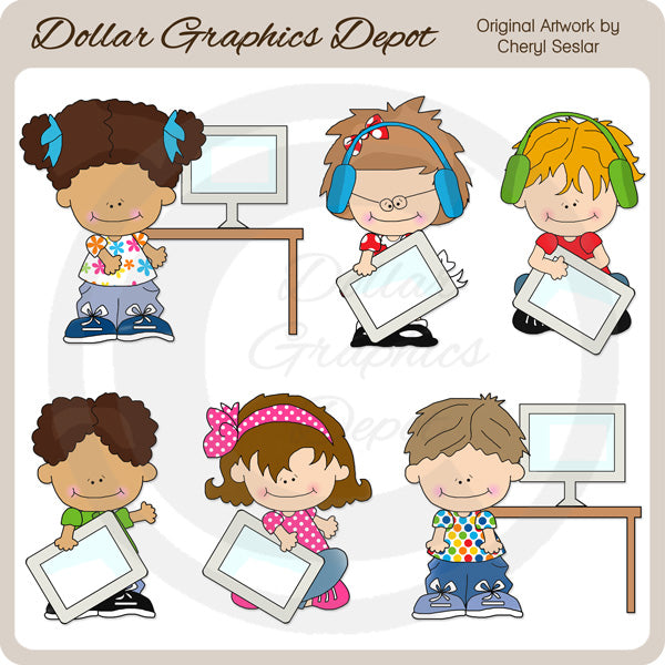Niños Pequeños Con Computadora - Clipart