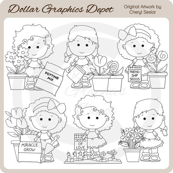 Lou Lou and Pals - Gardening - Digital Stamps