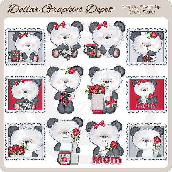 Mother's Day Pandas - Clip Art