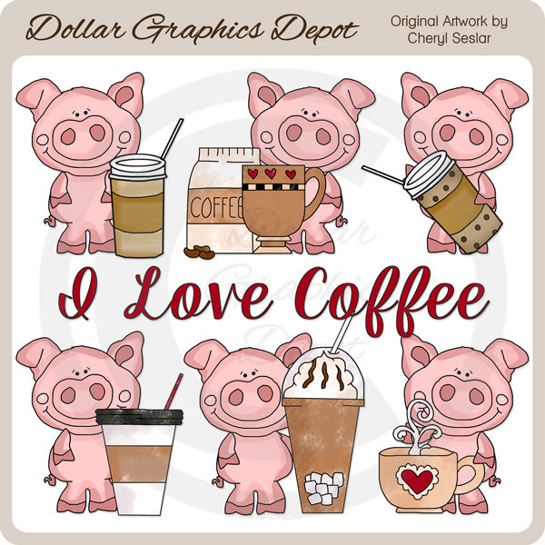 Piglet Loves Coffee - Clip Art