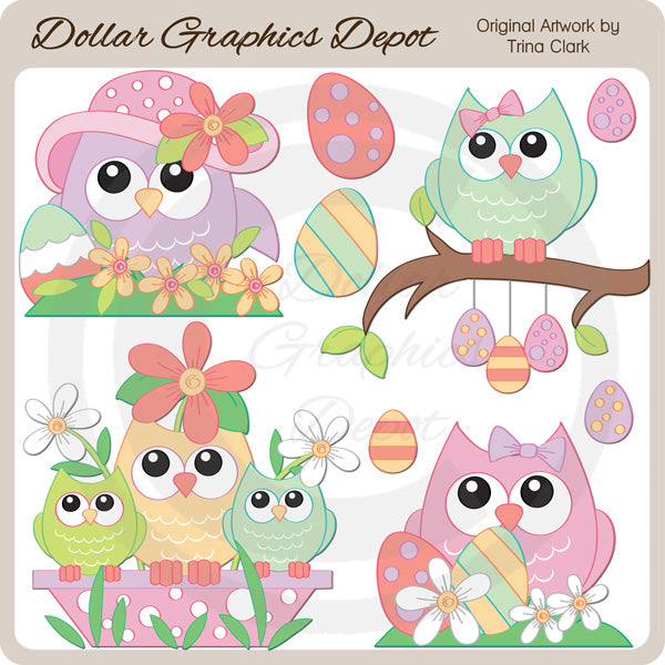 Pretty Easter Owls - Clip Art