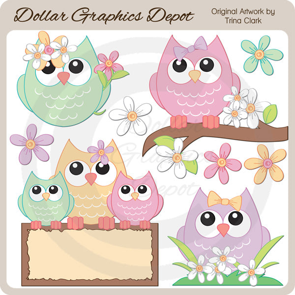 Pretty Spring Owls - Clip Art