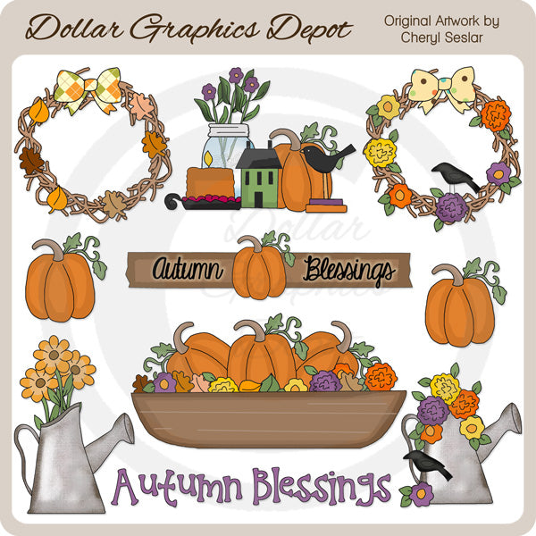 Prim Autumn Blessings - Clip Art