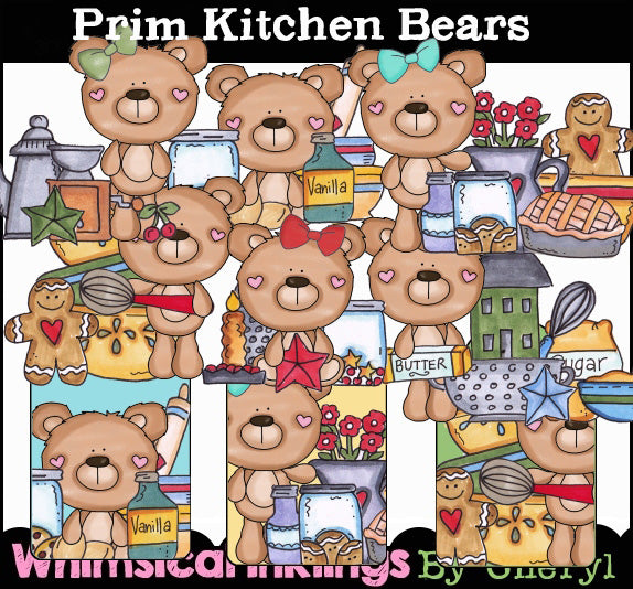 Prim Kitchen Bears...Hand Colored Graphics Set