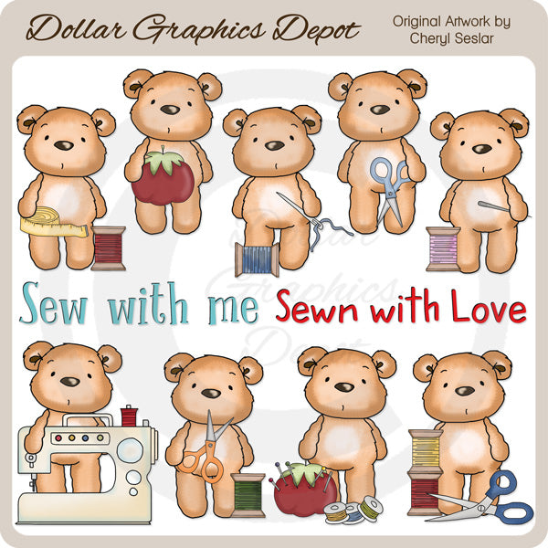Pudgy Bear Loves to Sew - Clip Art - DCS Exclusive