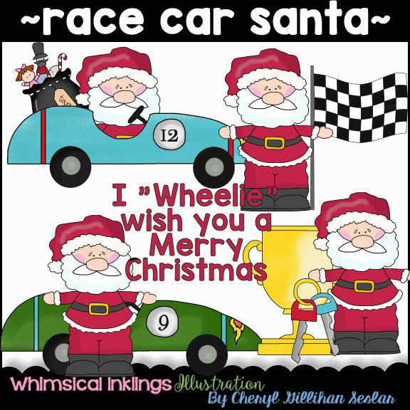 Collezione di clipart di Babbo Natale per auto da corsa