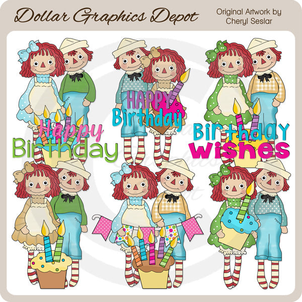 Raggedies - Birthday Wishes - Clip Art