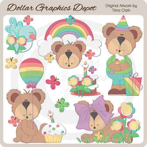 Rainbow Birthday Bears - Clip Art