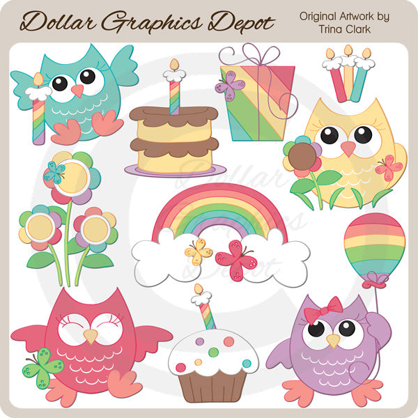Rainbow Birthday Owls - Clip Art