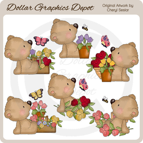 Sampson Bear Loves Flowers - Clip Art