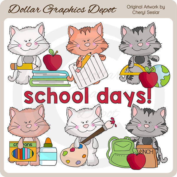 Scruffy Cat - School Days - Clip Art