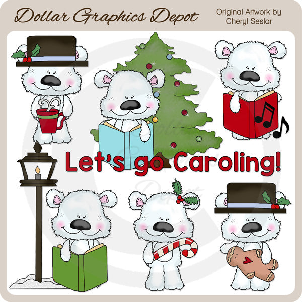 Scruffy Polar Bear - Christmas Caroling - Clip Art