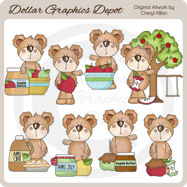Scruffy Teddy Loves Apples - Clip Art