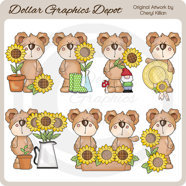Scruffy Teddy Loves Sunflowers - Clip Art